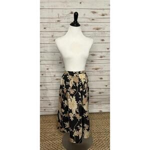 Vintage 80's Carole Little black/cream silk floral A-line midi skirt Size 6